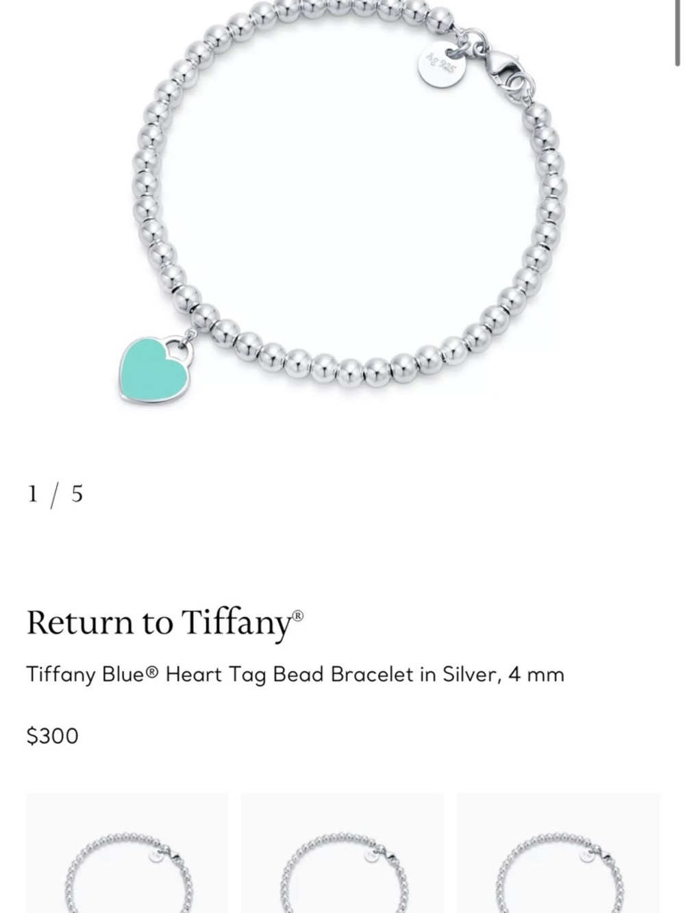 Tiffany & Co. sterling silver bead bracelet with turquoise-blue heart tag